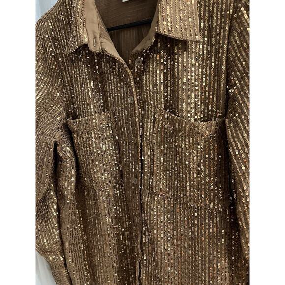Anthropologie Brown Gold Remie Sequin Sparkle Button Up Blouse Sz LP - Picture 4 of 9